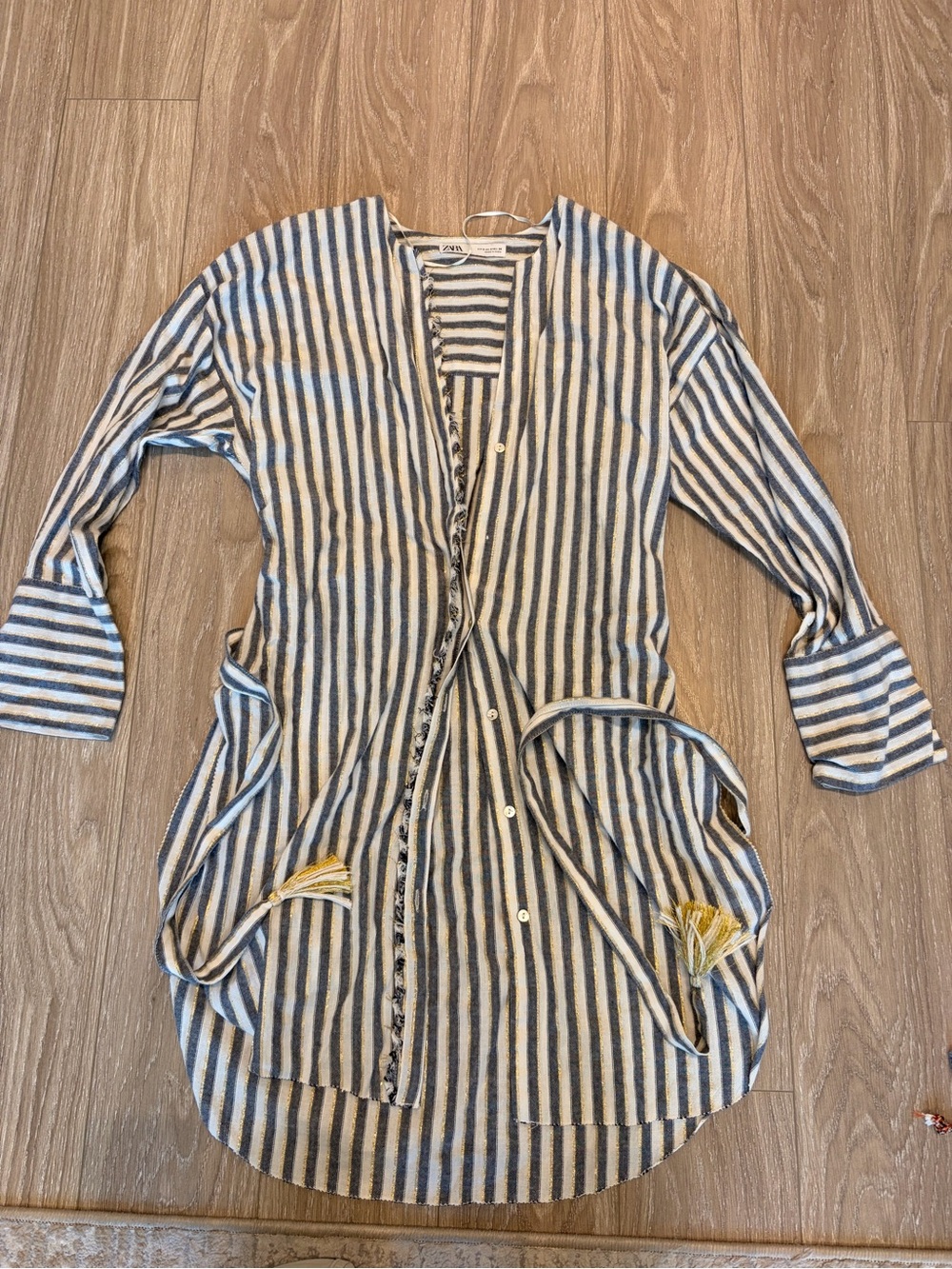 Zara Blue and White Striped Longline Button Shirt with Tassels